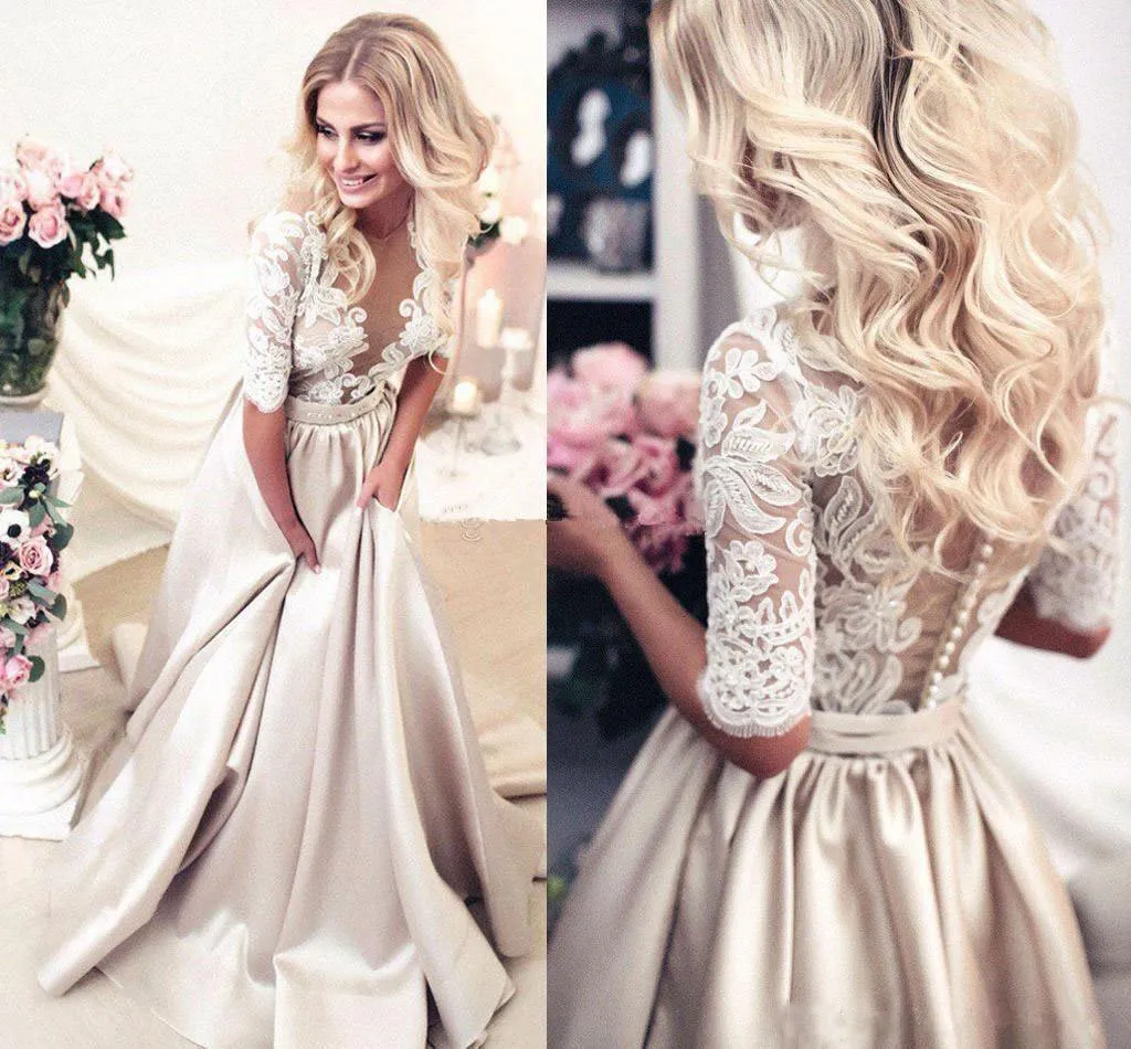 Elegant Champagne Gold Modest Half-sleeve Lace Top A-line Wedding Dress, PD0287