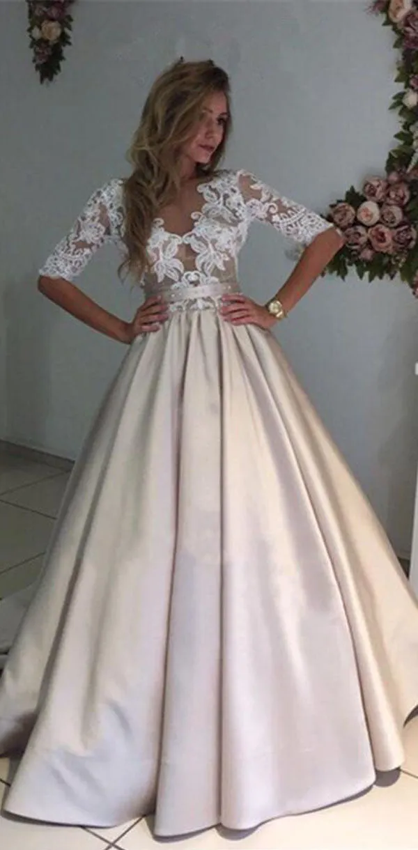 Elegant Champagne Gold Modest Half-sleeve Lace Top A-line Wedding Dress, PD0287