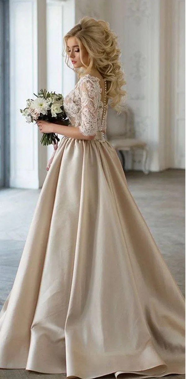Elegant Champagne Gold Modest Half-sleeve Lace Top A-line Wedding Dress, PD0287