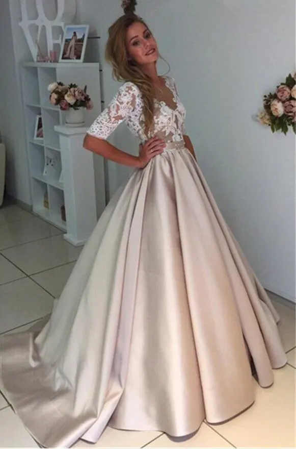 Elegant Champagne Gold Modest Half-sleeve Lace Top A-line Wedding Dress, PD0287