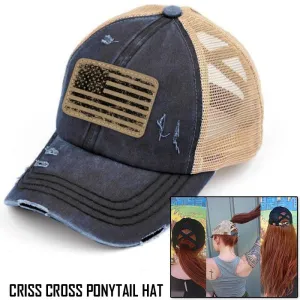 Engraved Distressed American Flag Patch Premium Ponytail Hat