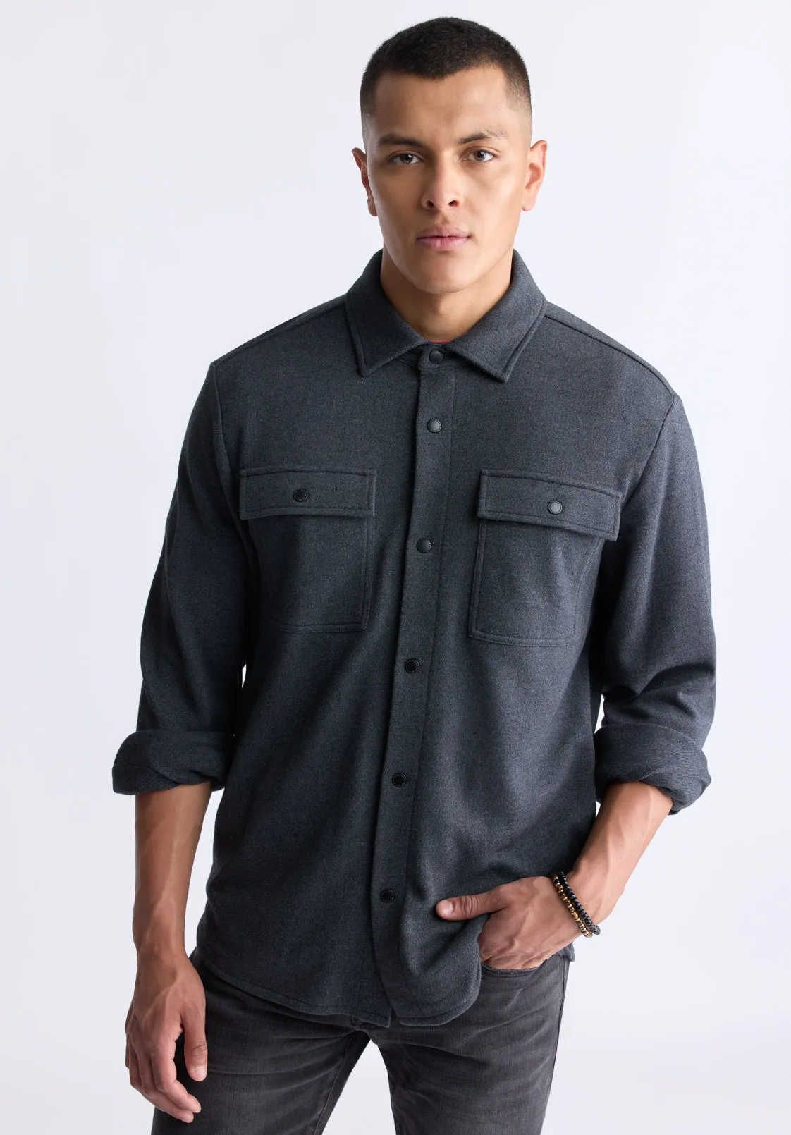 Fabion Men's Lightweight Button-Up Shacket, Grey - BPM14114