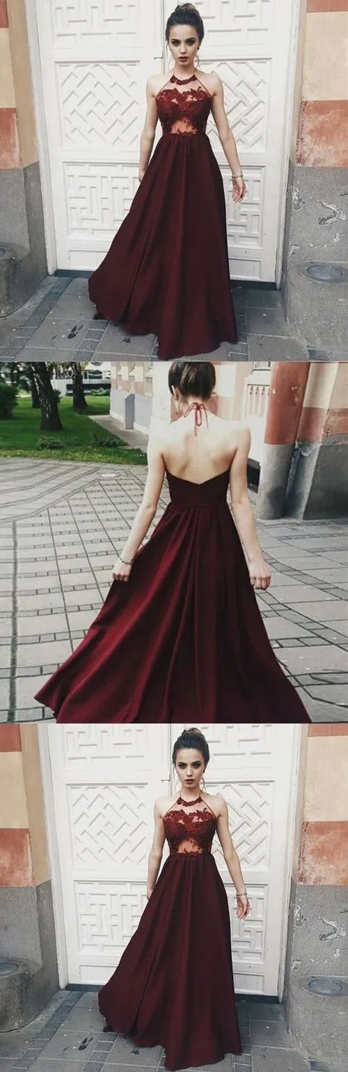 Fantastic Burgundy Halter Top V Back Long Prom Dresses, Evening Dress, MP220