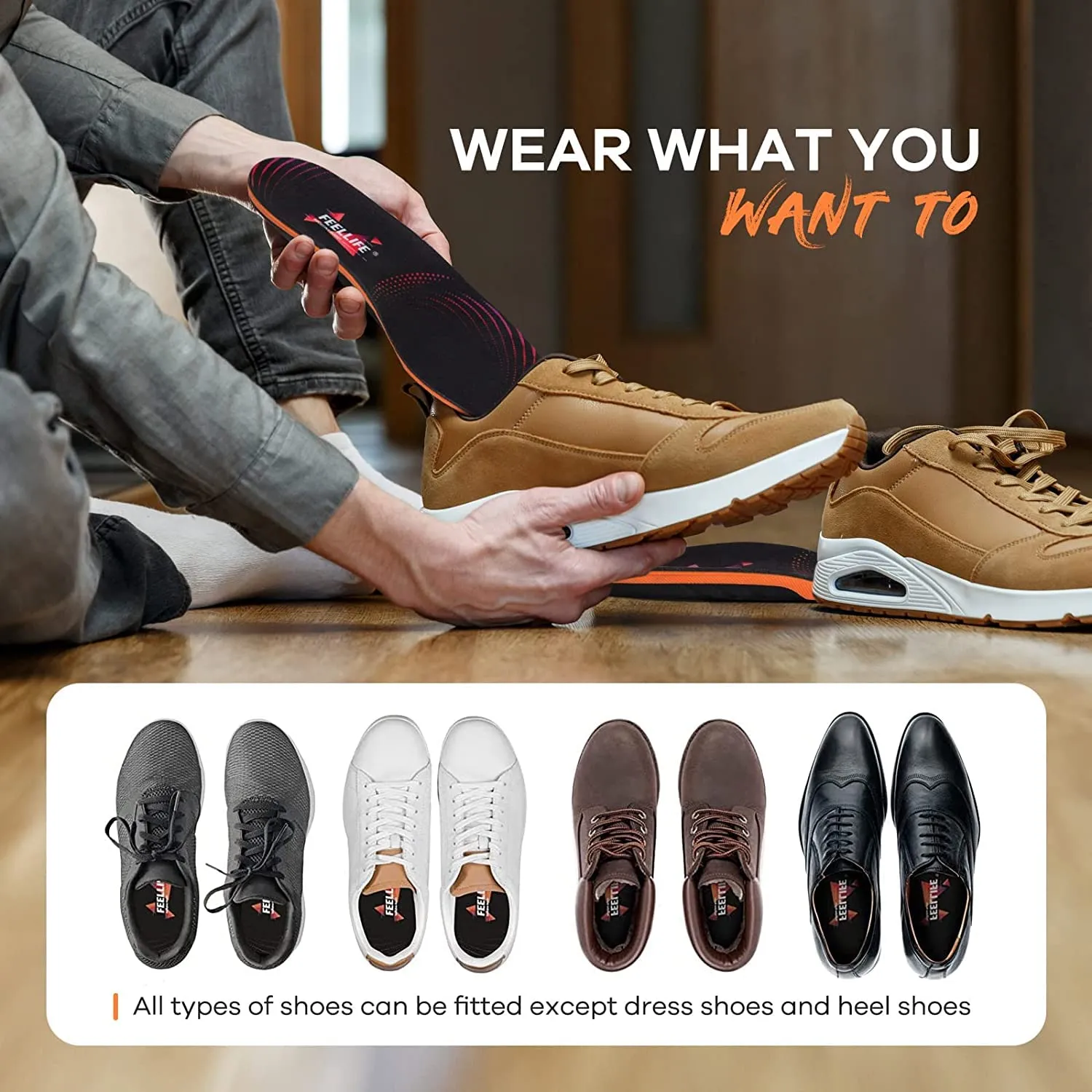 FeelLife Plantar Fasciitis Relief Shoe Insoles [1-Pair], Arch Support Insoles, Running Athletic Gel Shoe Inserts, Orthotic Insoles for Arch Pain [Trim to Fit: Men 8-12/Women 9-13]