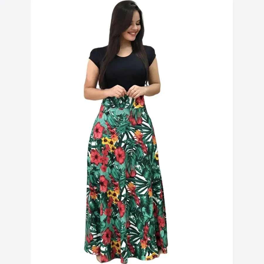 Floral High-Waist Cap Sleeve Maxi Dresses
