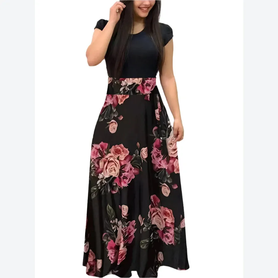 Floral High-Waist Cap Sleeve Maxi Dresses