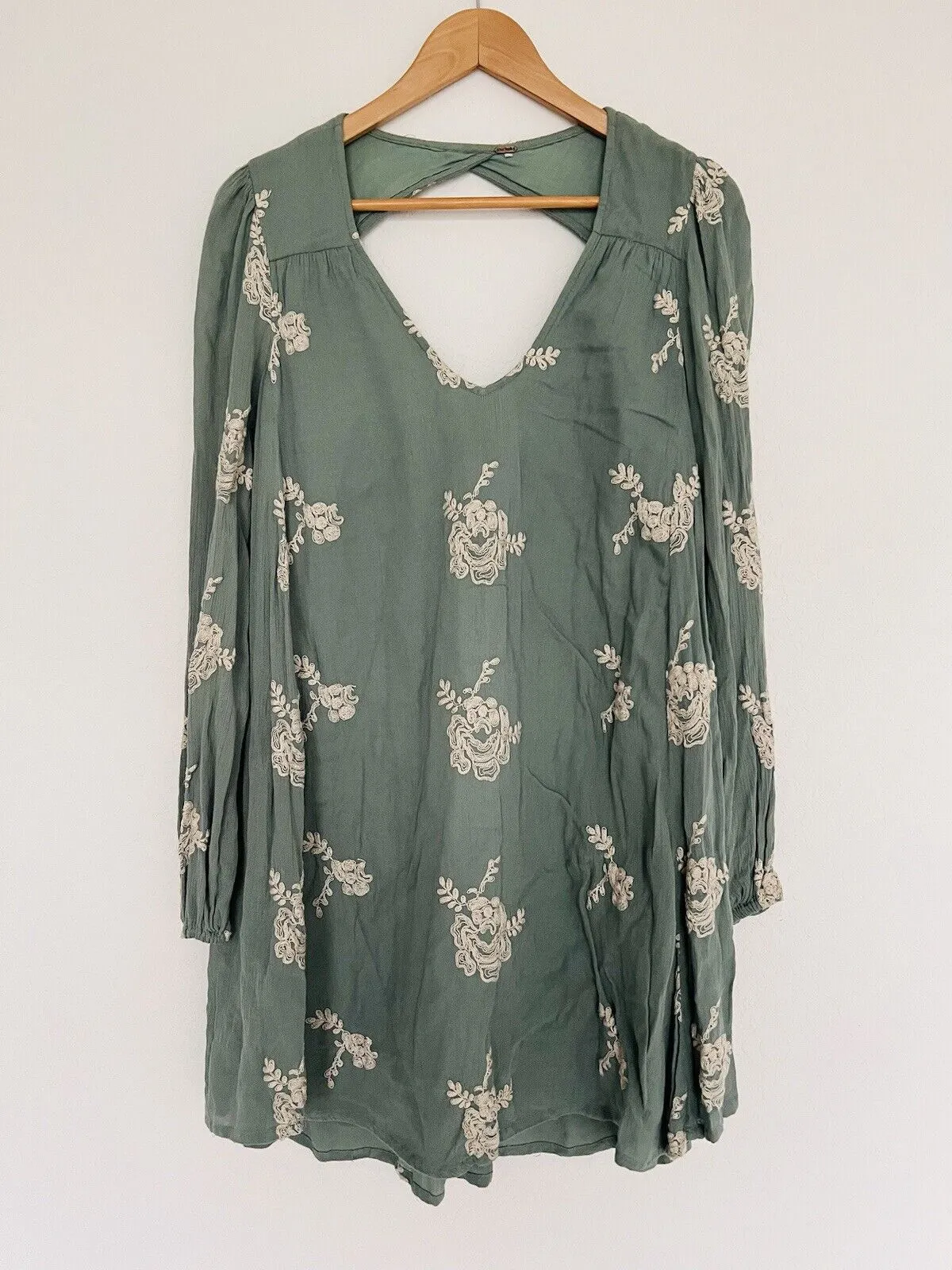 FREE PEOPLE Womens Dress Sage Green Crinkle Floral A Line Cut Out Boho