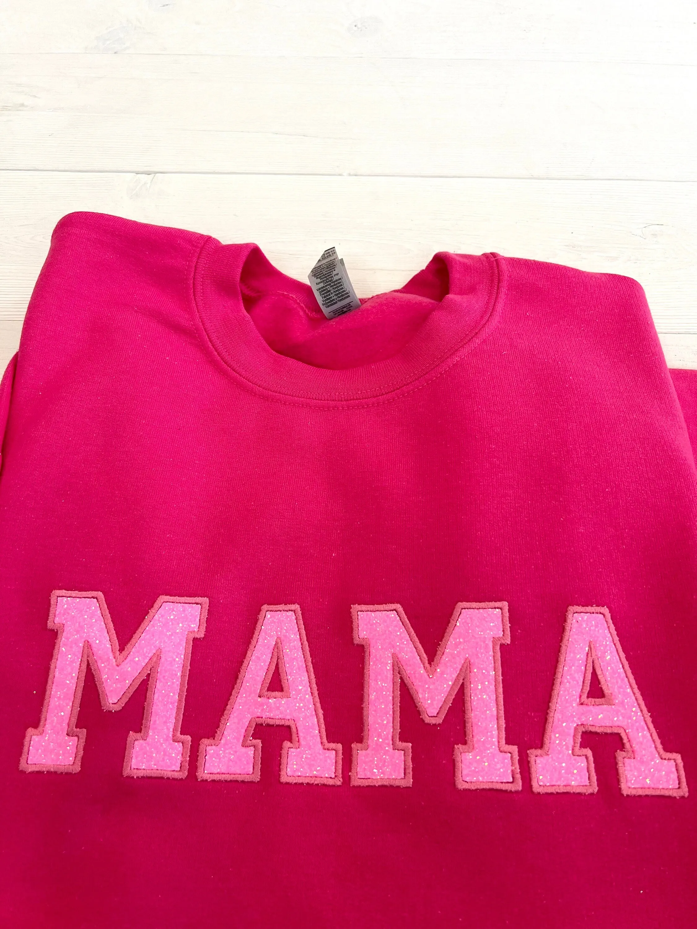 Glitter Applique Embroidered Hot Pink Mama Sweatshirt