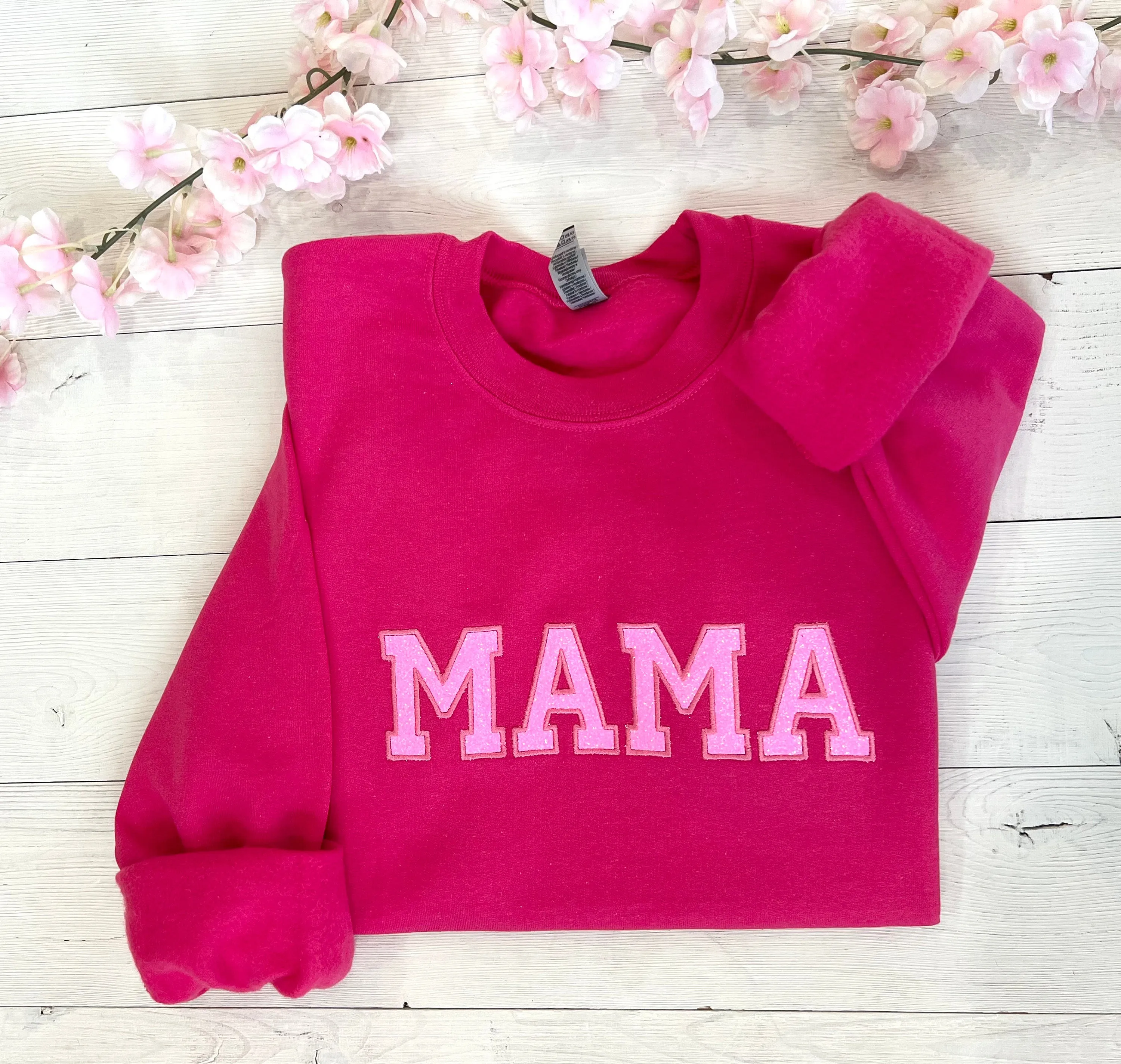 Glitter Applique Embroidered Hot Pink Mama Sweatshirt