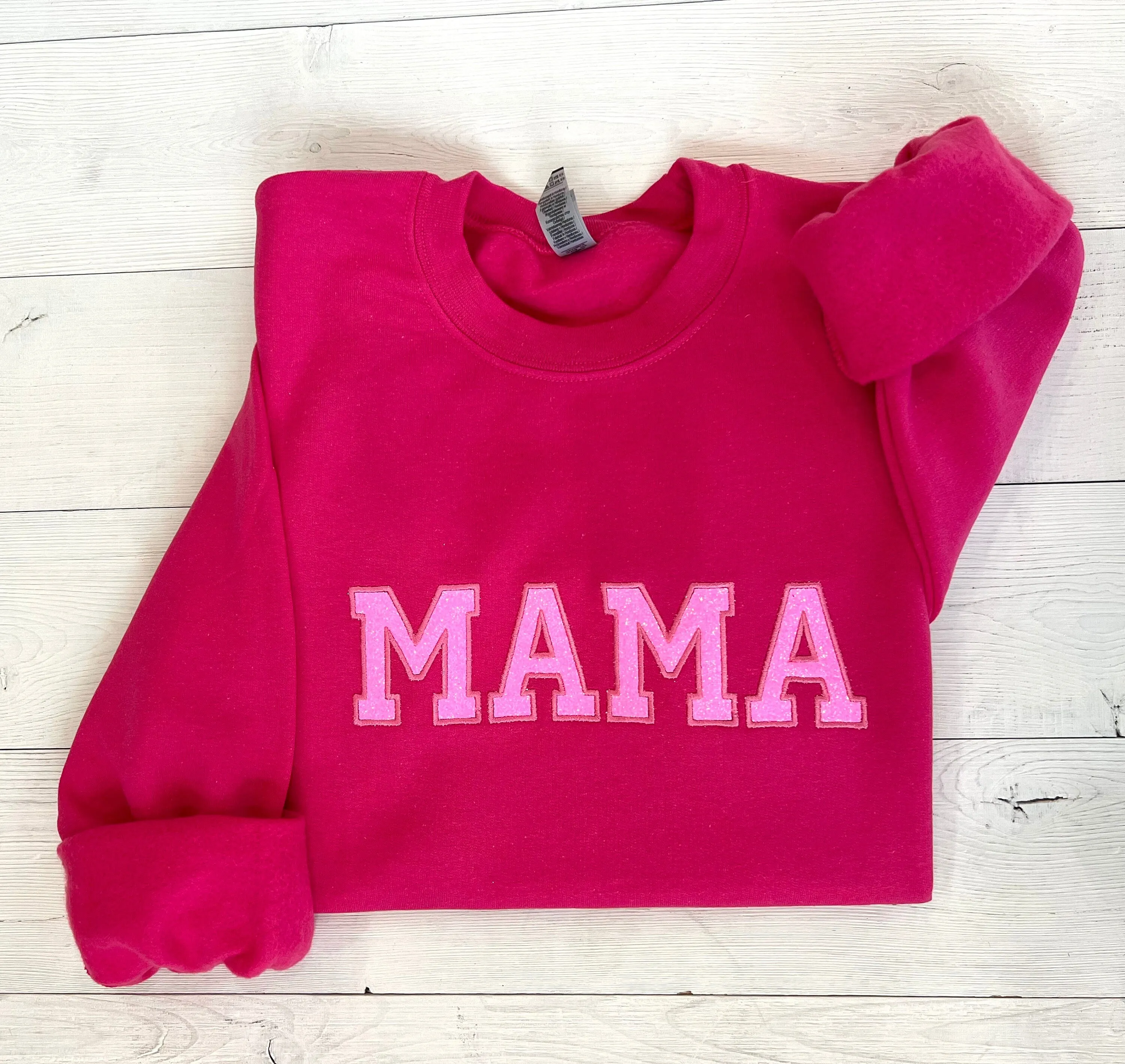 Glitter Applique Embroidered Hot Pink Mama Sweatshirt
