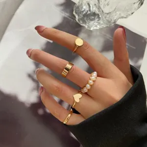 Gold Plated 5 Piece Pearl Heart Circle Plain Ring Set