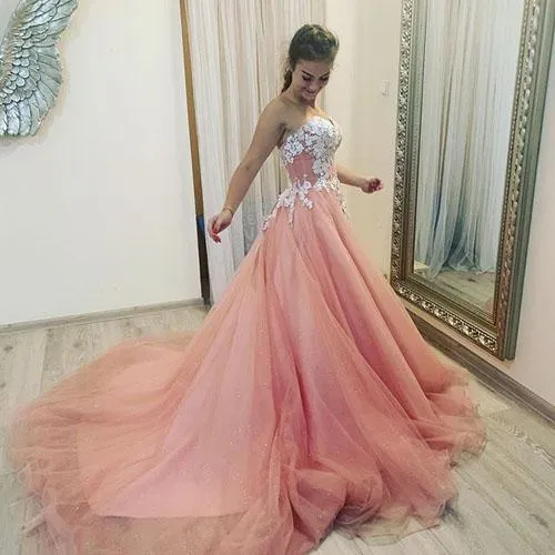 Gorgeous Pink Lace Sweetheart Sweep Train Prom Dresses with Appliques, SP507