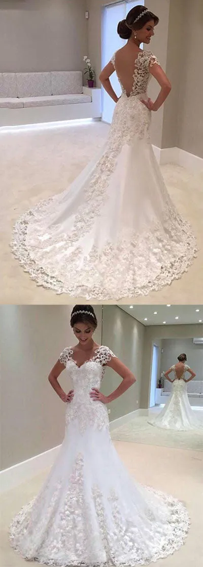 Gorgeous White Mermaid Lace Cap Sleeve Wedding Dress with Sweep Train, SW249