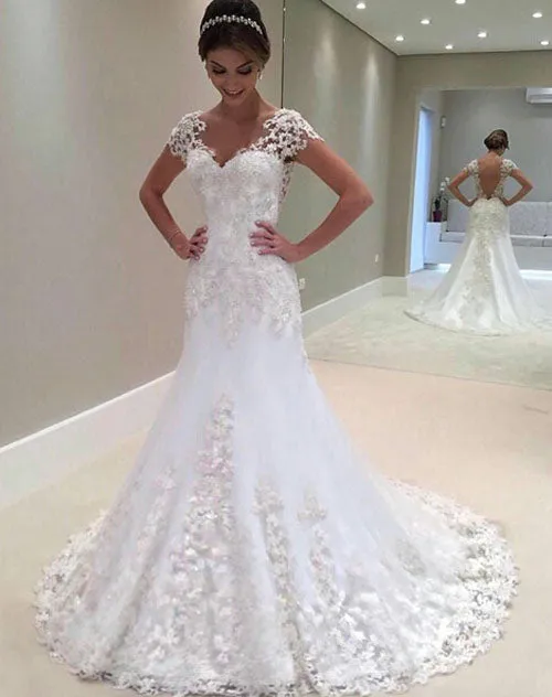 Gorgeous White Mermaid Lace Cap Sleeve Wedding Dress with Sweep Train, SW249