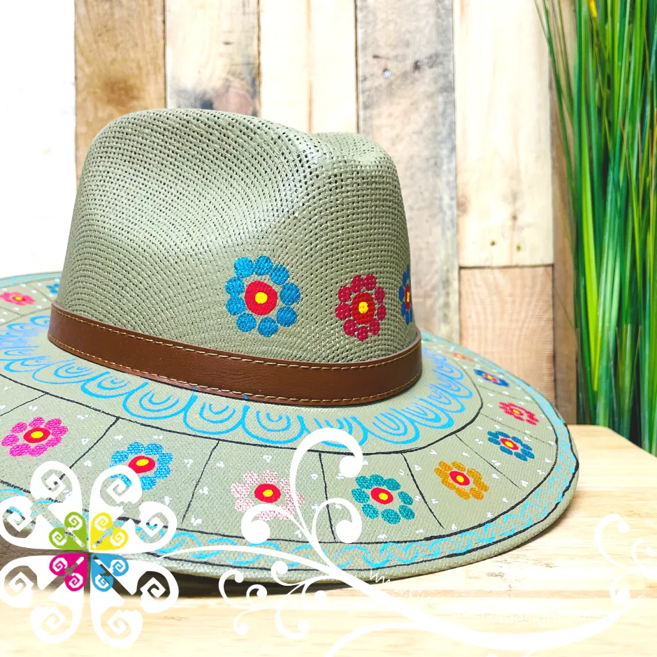 Green Olive Hand Paint Summer Hat - Flower Garden Design