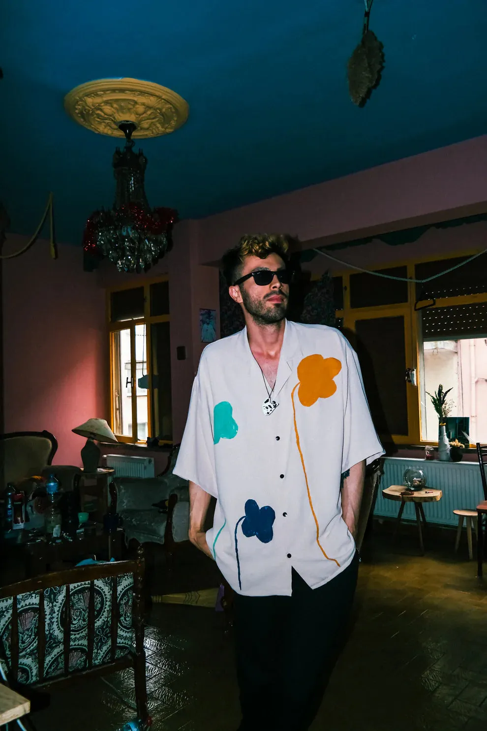 Handmade Oversized Linen Shirt with Floral Print – Perfect for Parties & Festivals