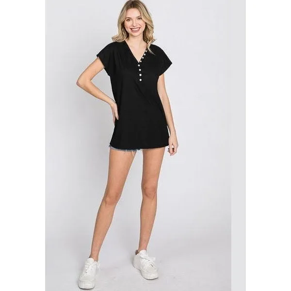 Heimish Full Size Front Button V-Neck Short Sleeve T-Shirt