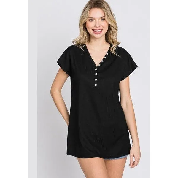 Heimish Full Size Front Button V-Neck Short Sleeve T-Shirt