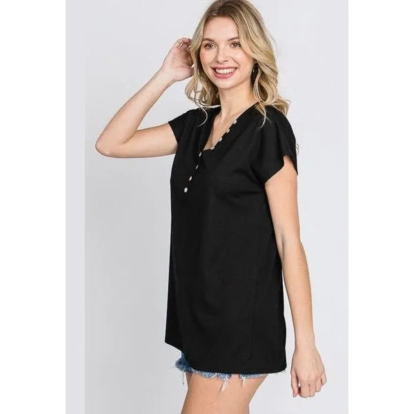 Heimish Full Size Front Button V-Neck Short Sleeve T-Shirt