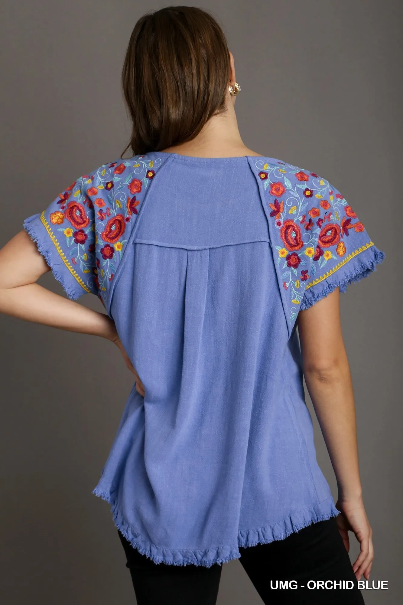 Kat Embroidery Round Neck Short Sleeve Linen Top with Frayed Ruffle Trim