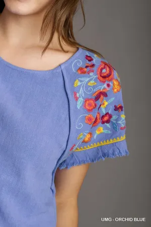Kat Embroidery Round Neck Short Sleeve Linen Top with Frayed Ruffle Trim