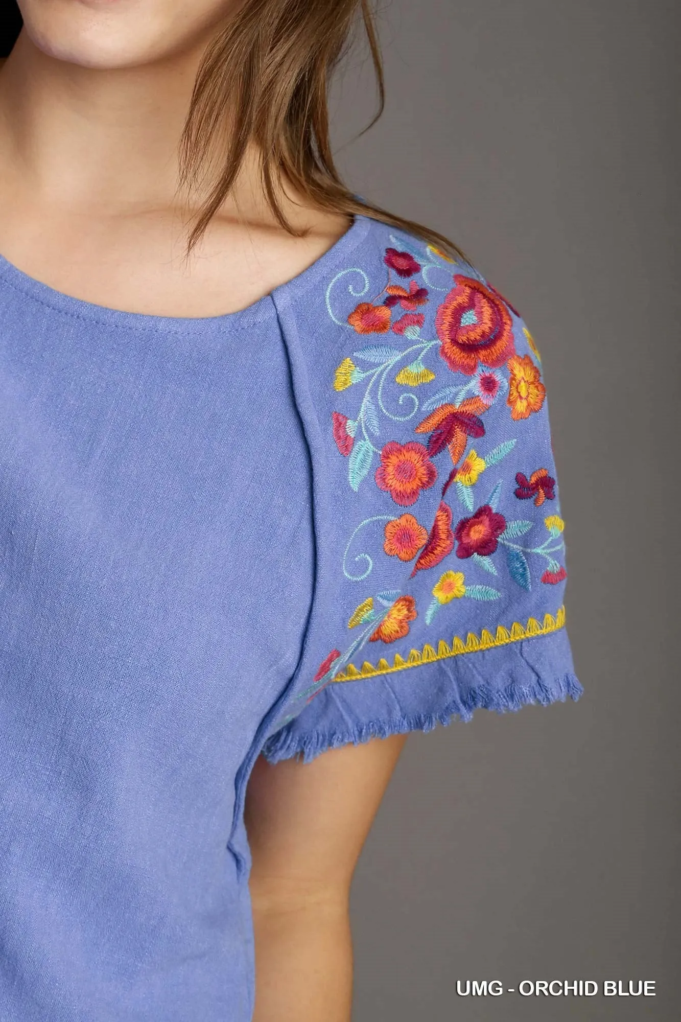 Kat Embroidery Round Neck Short Sleeve Linen Top with Frayed Ruffle Trim