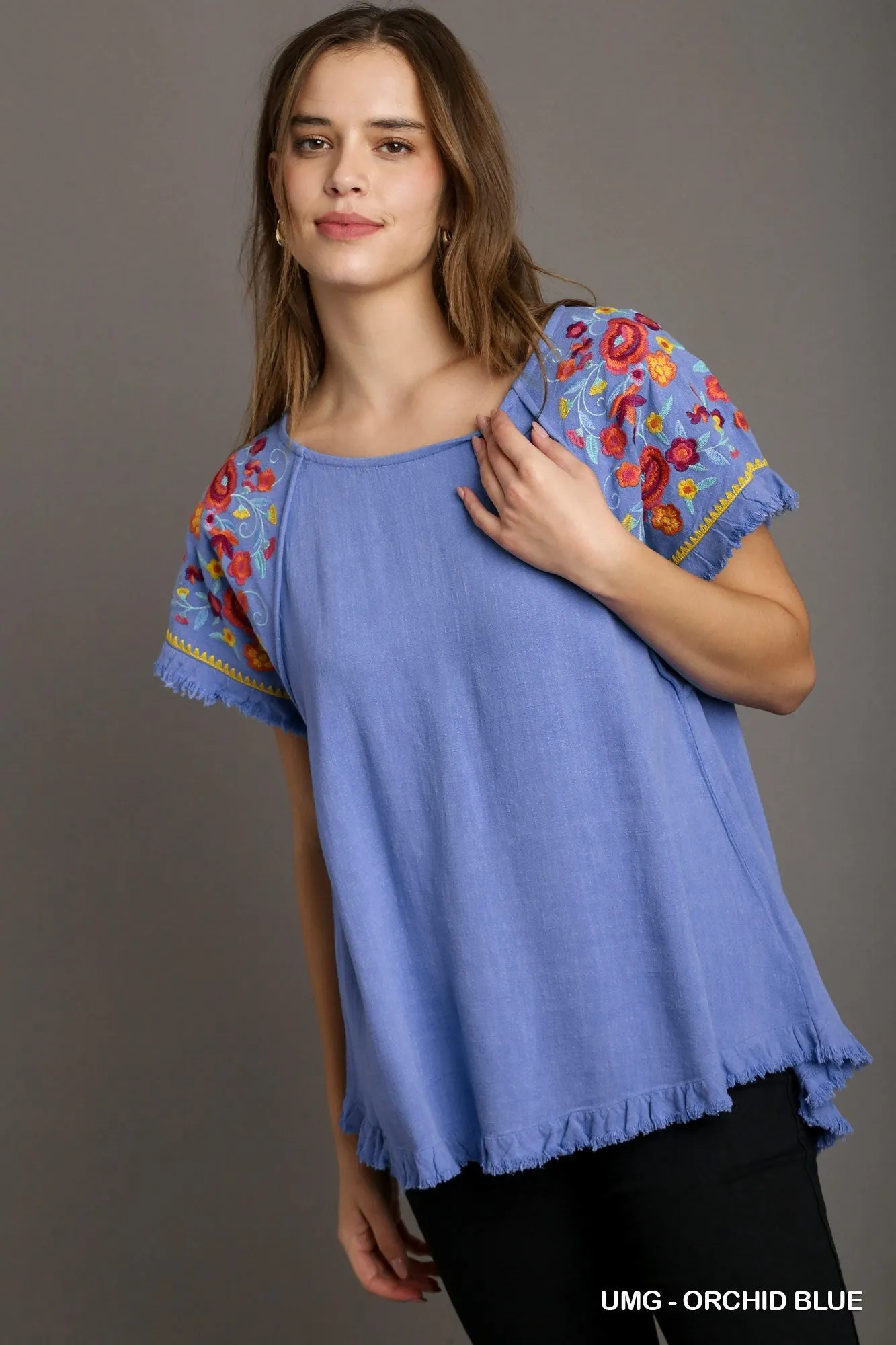 Kat Embroidery Round Neck Short Sleeve Linen Top with Frayed Ruffle Trim