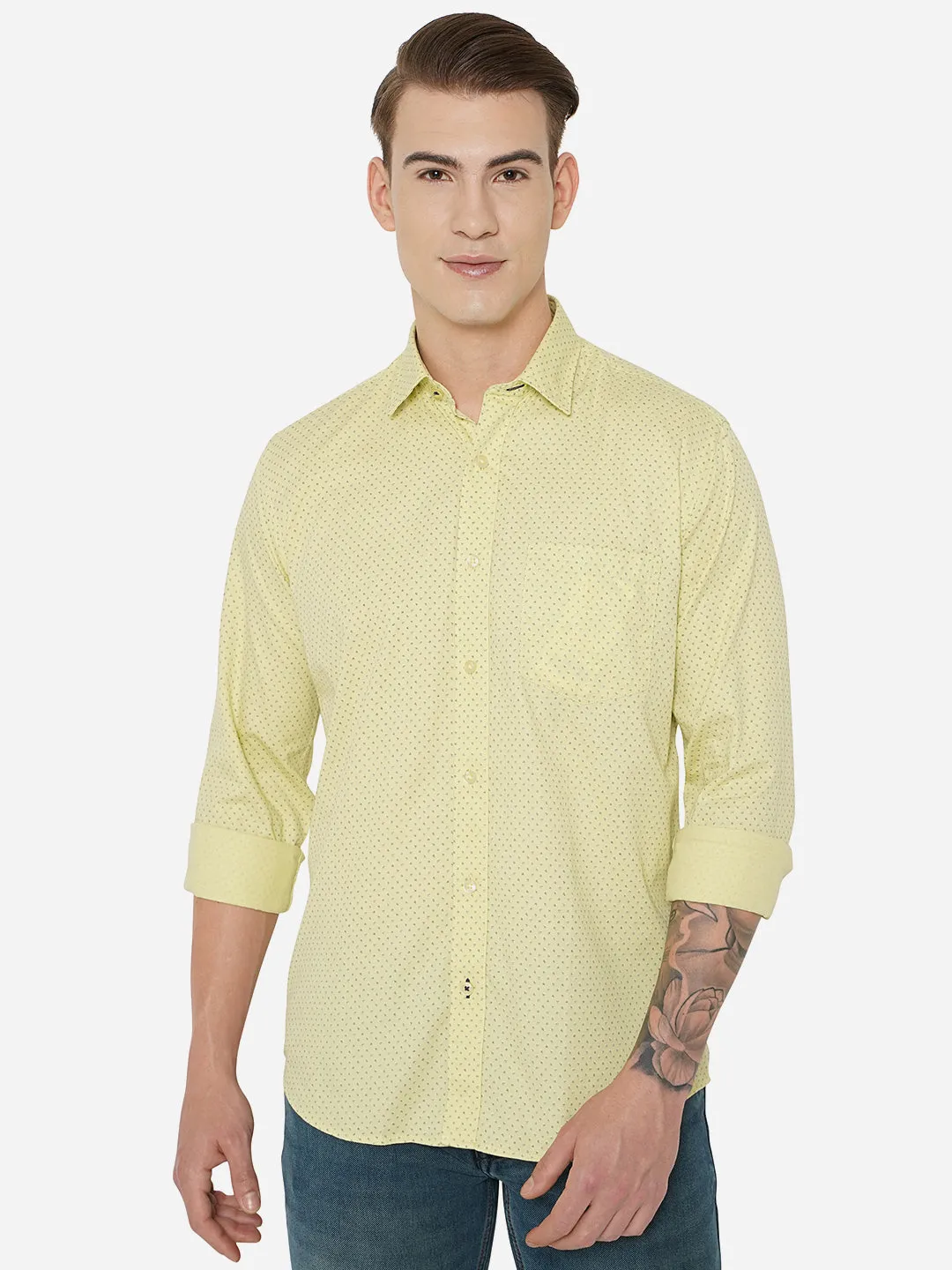 Lemon Yellow Printed Slim Fit Casual Shirt | JadeBlue