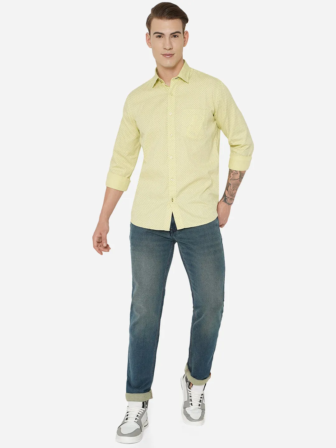 Lemon Yellow Printed Slim Fit Casual Shirt | JadeBlue