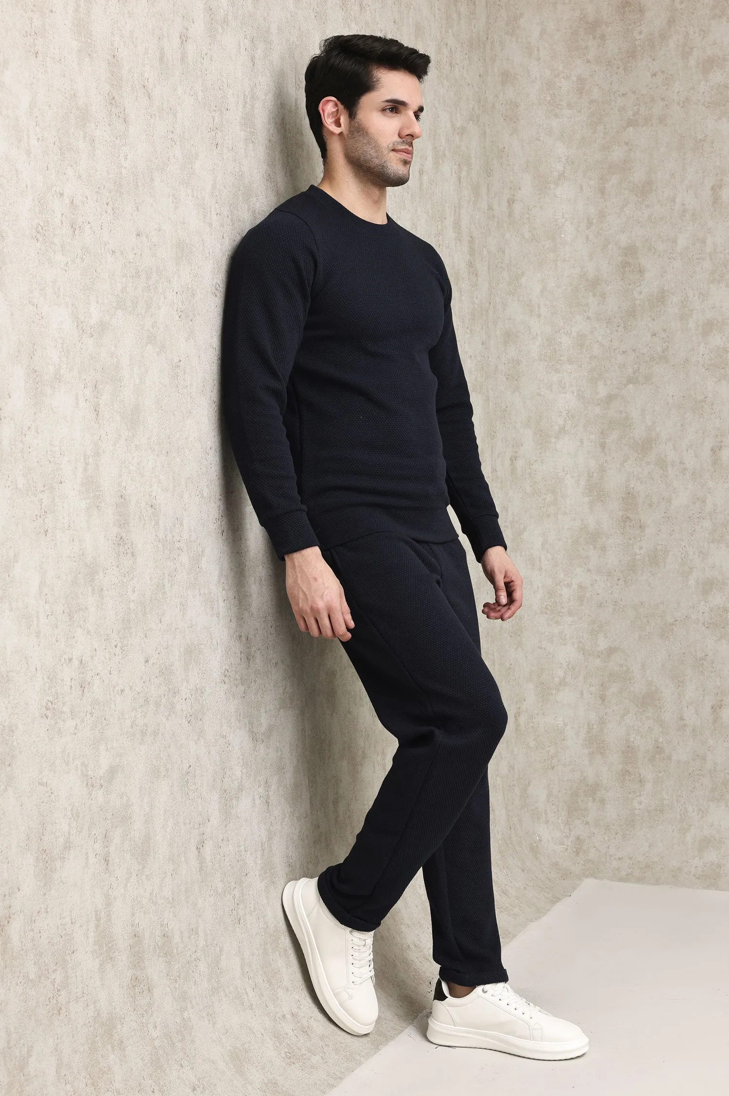 LIGHT GREY WAFFLE-KNIT CREW SWEATSHIRT-NAVY