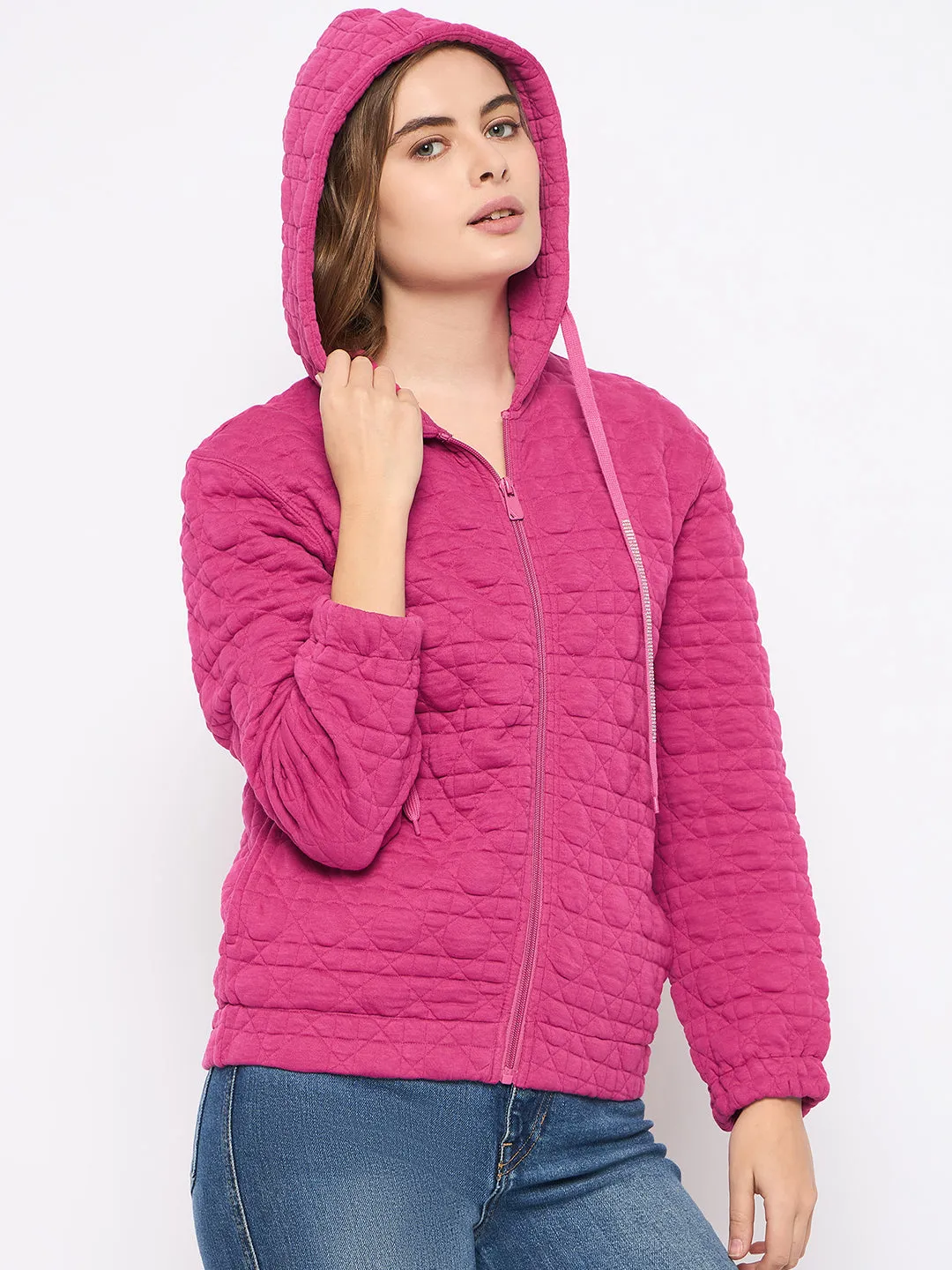 Madame Cotton Blend Self-Textured Zipped Hot Pink Sweatshirt