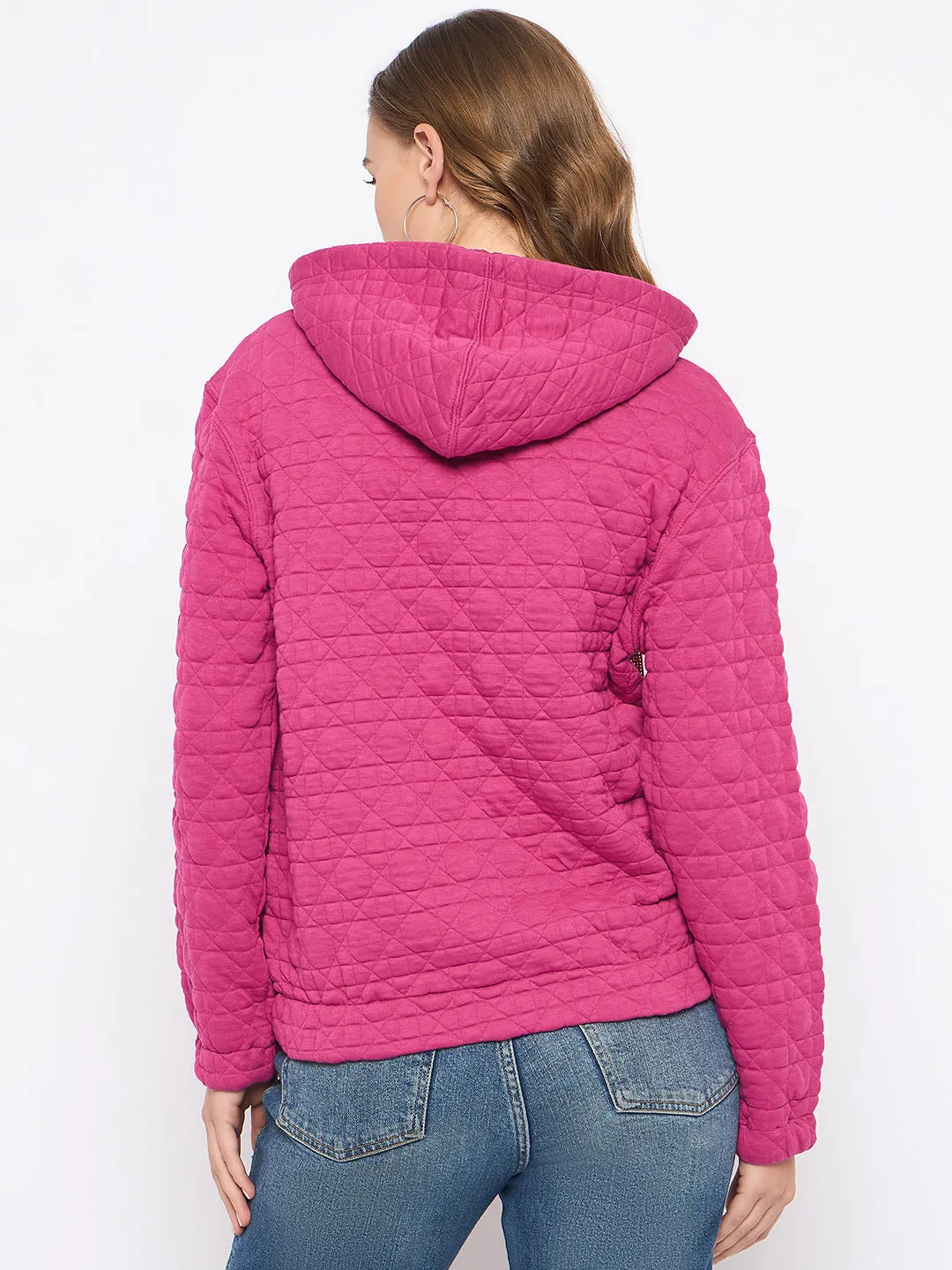 Madame Cotton Blend Self-Textured Zipped Hot Pink Sweatshirt