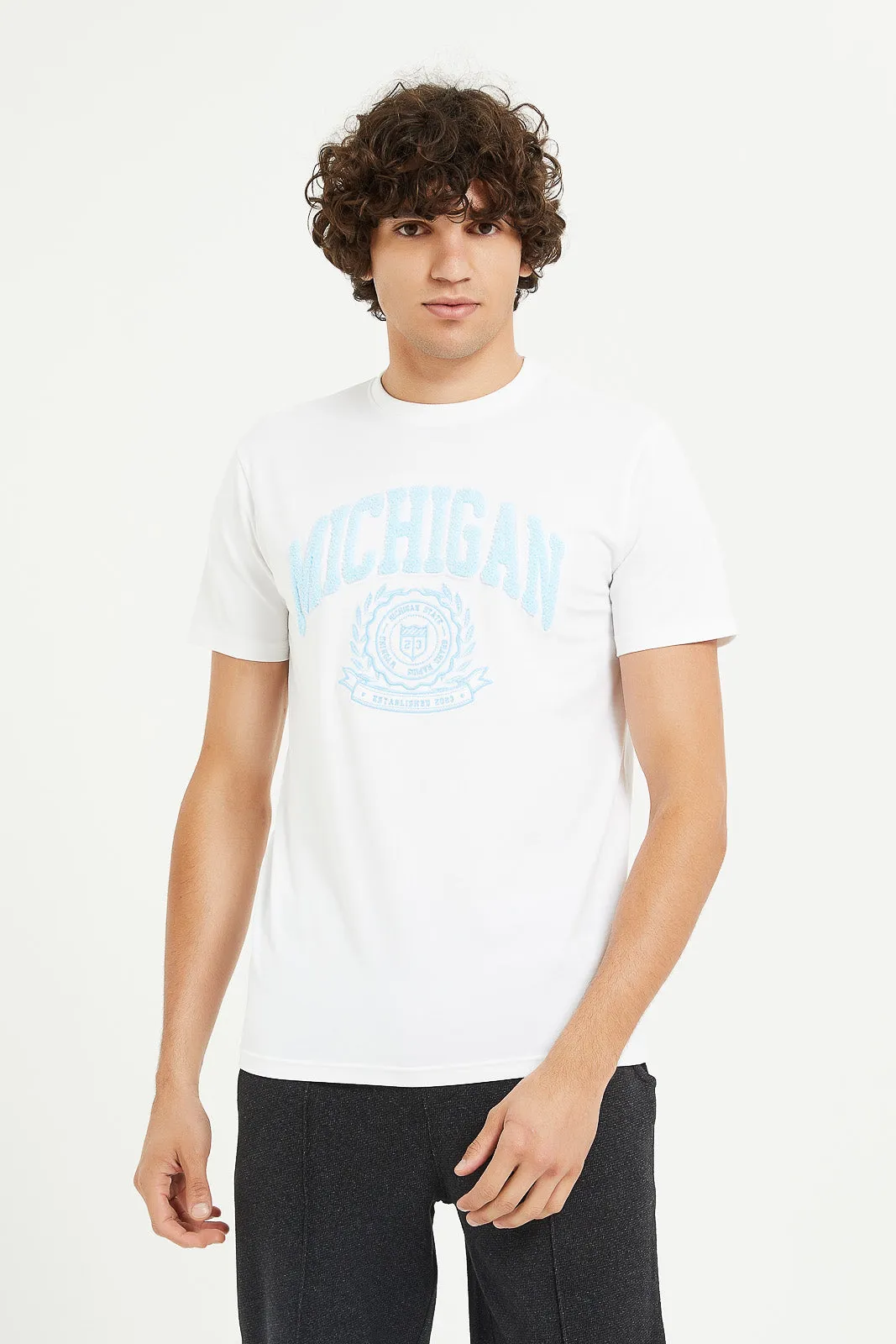 Men White Stretch T-Shirt With Applique