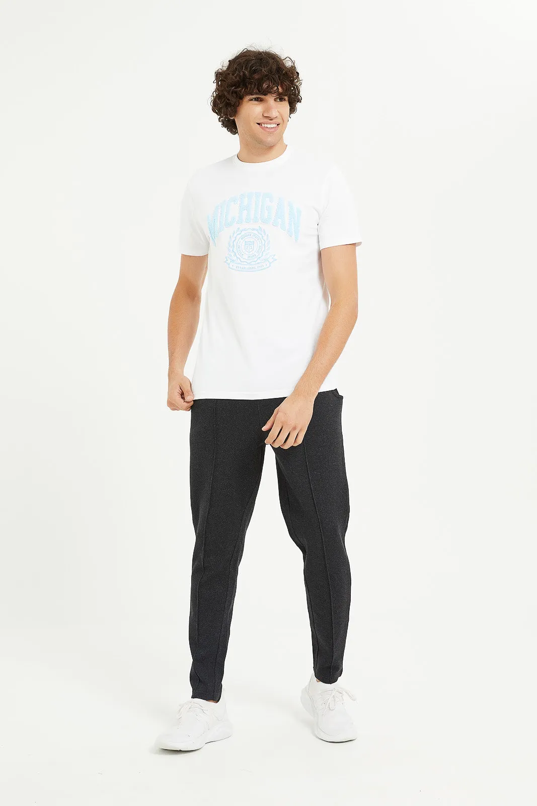 Men White Stretch T-Shirt With Applique