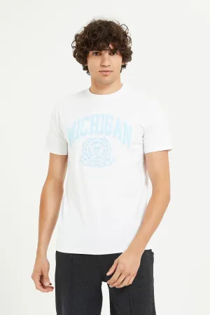 Men White Stretch T-Shirt With Applique