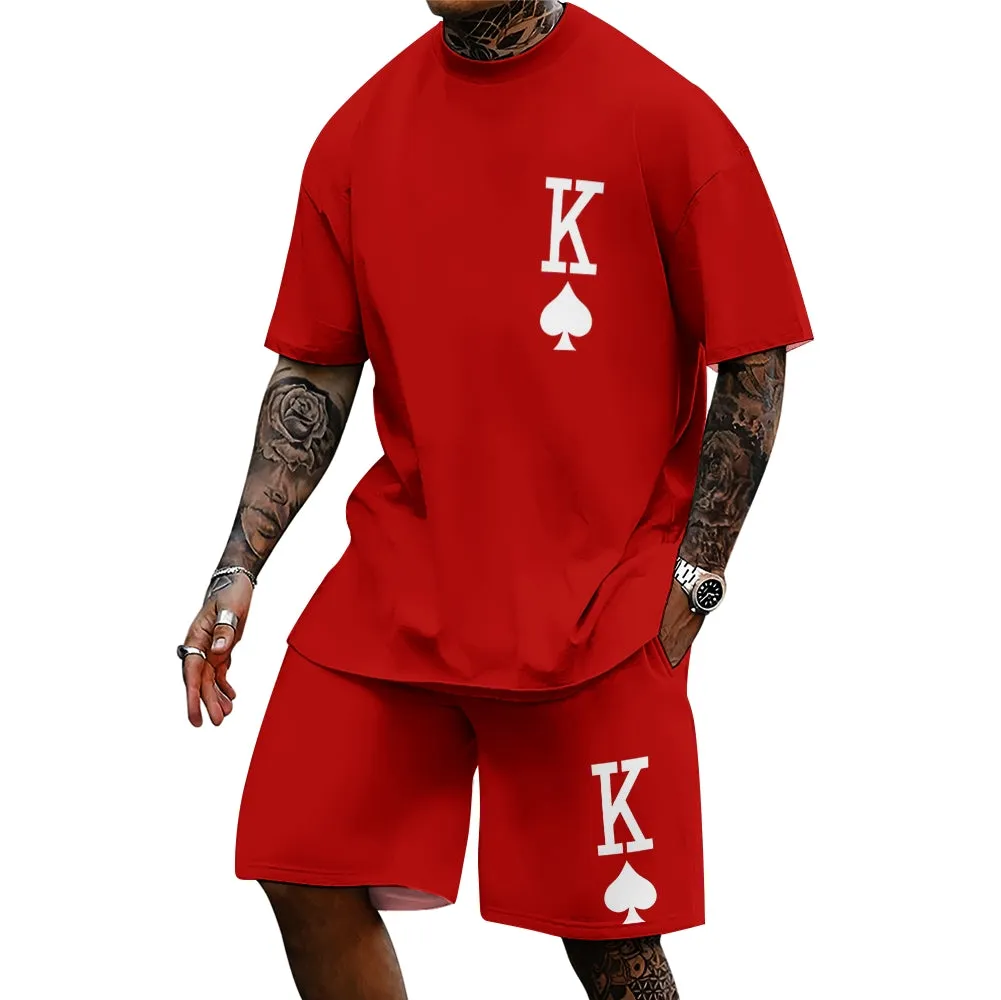 Men's Casual Short Sleeve T-Shirt Poker King Print Two-Piece Set 2407000997