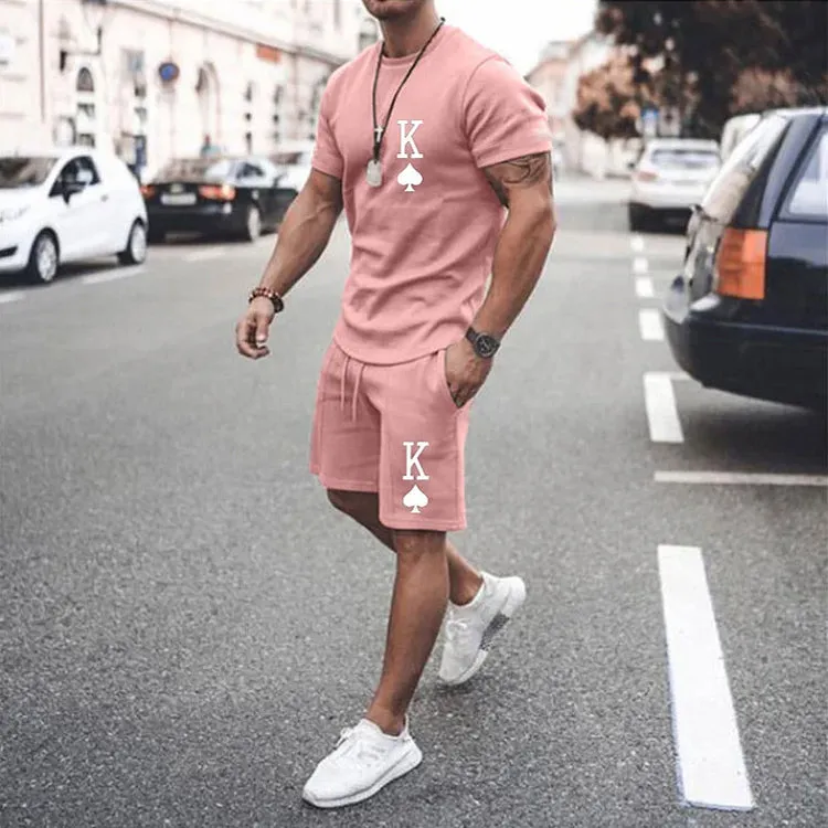 Men's Casual Short Sleeve T-Shirt Poker King Print Two-Piece Set 2407000997