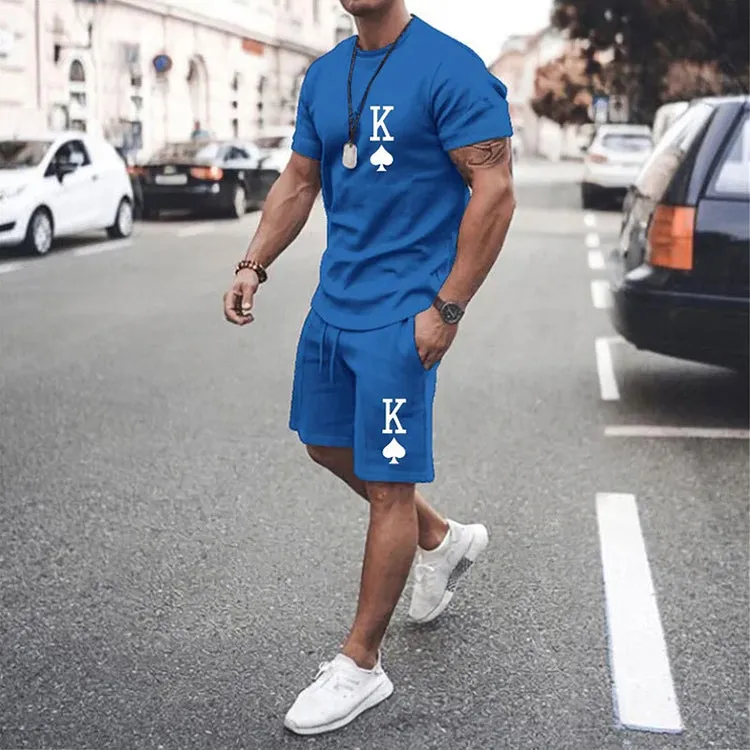 Men's Casual Short Sleeve T-Shirt Poker King Print Two-Piece Set 2407000997