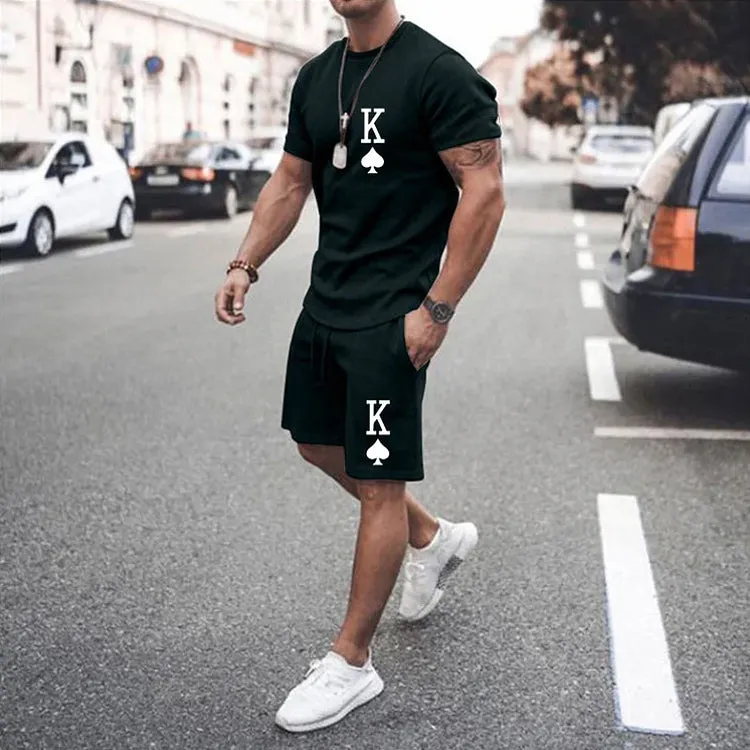 Men's Casual Short Sleeve T-Shirt Poker King Print Two-Piece Set 2407000997