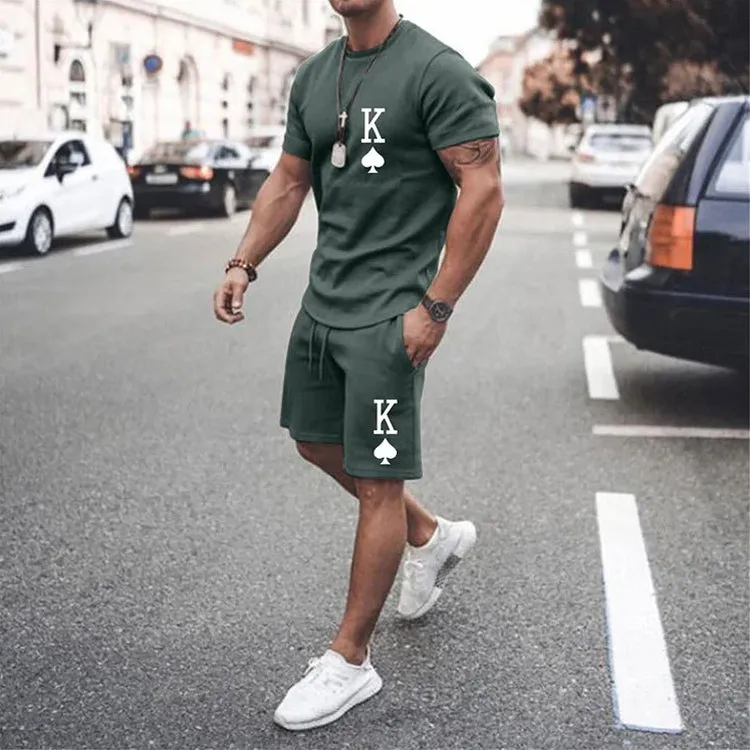 Men's Casual Short Sleeve T-Shirt Poker King Print Two-Piece Set 2407000997