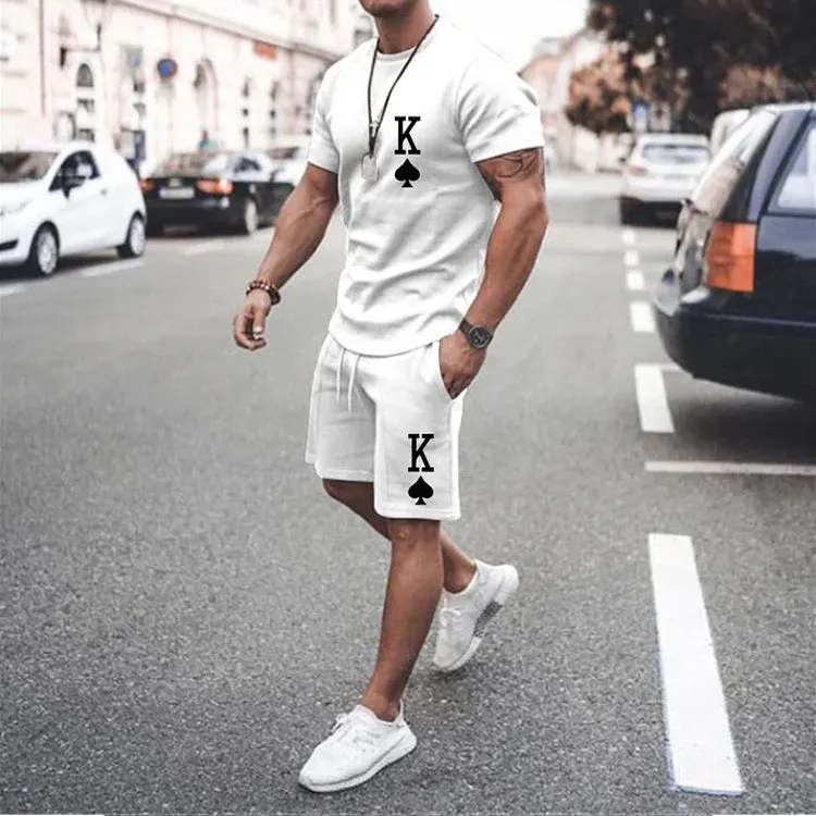 Men's Casual Short Sleeve T-Shirt Poker King Print Two-Piece Set 2407000997