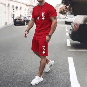 Men's Casual Short Sleeve T-Shirt Poker King Print Two-Piece Set 2407000997