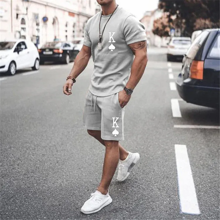 Men's Casual Short Sleeve T-Shirt Poker King Print Two-Piece Set 2407000997