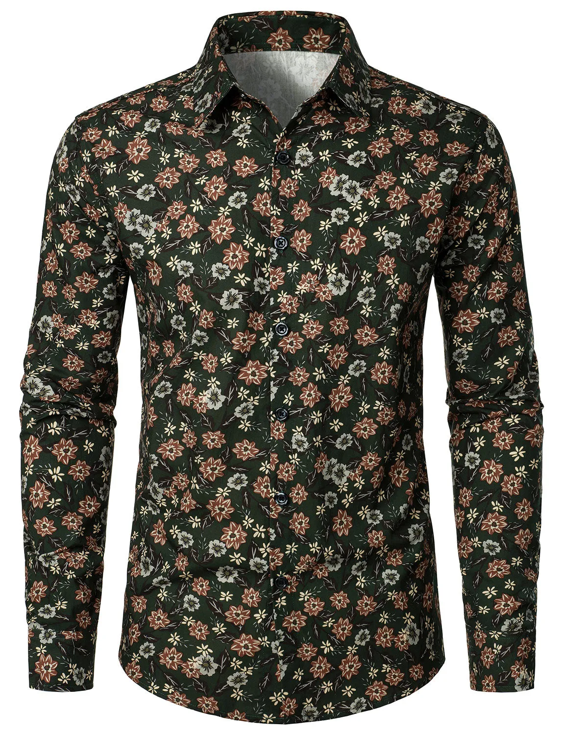 Men's Floral Vintage Green Casual Long Sleeve Button Up Dress Shirt