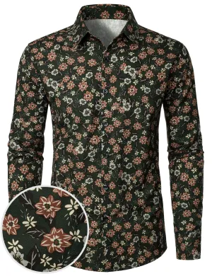 Men's Floral Vintage Green Casual Long Sleeve Button Up Dress Shirt