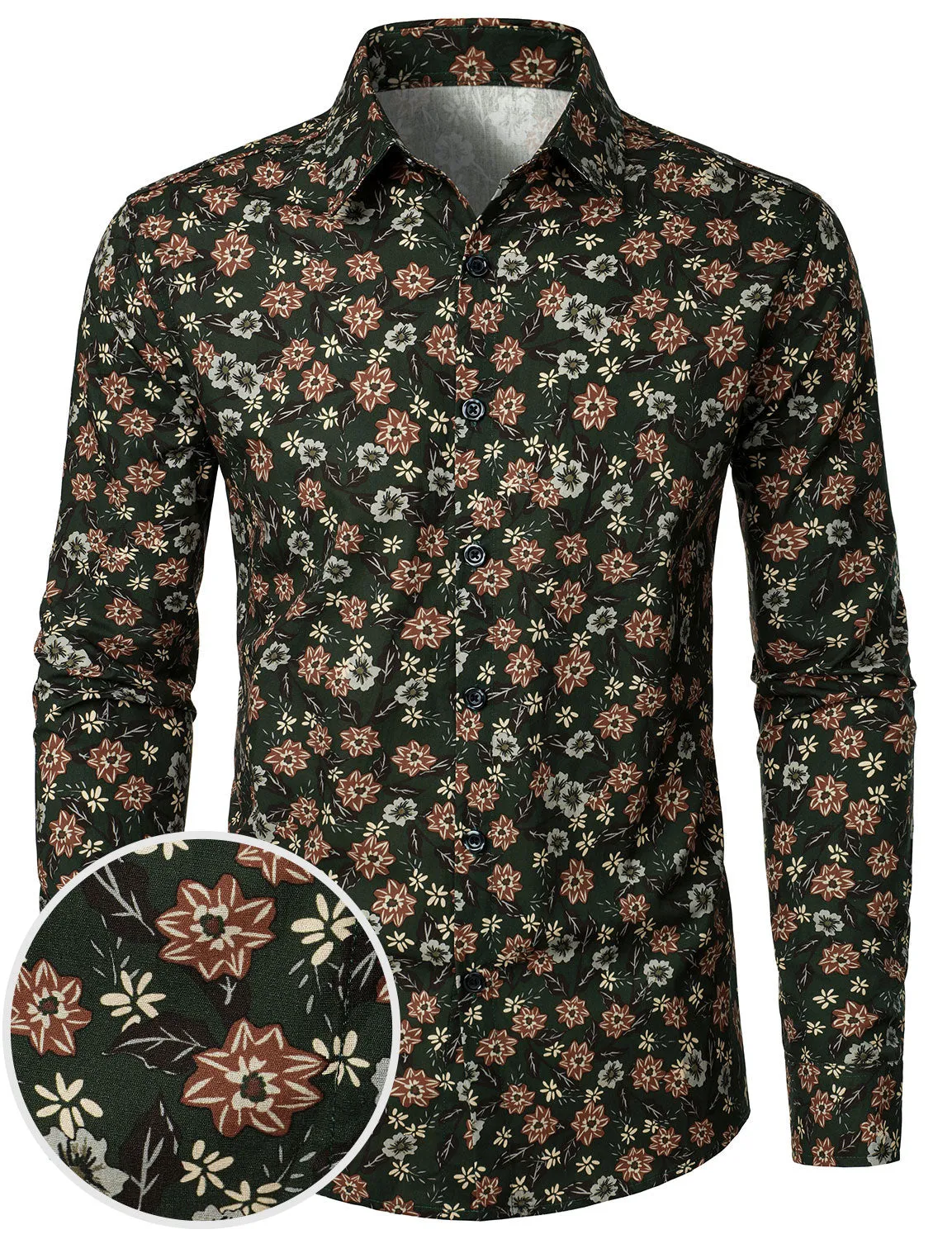 Men's Floral Vintage Green Casual Long Sleeve Button Up Dress Shirt