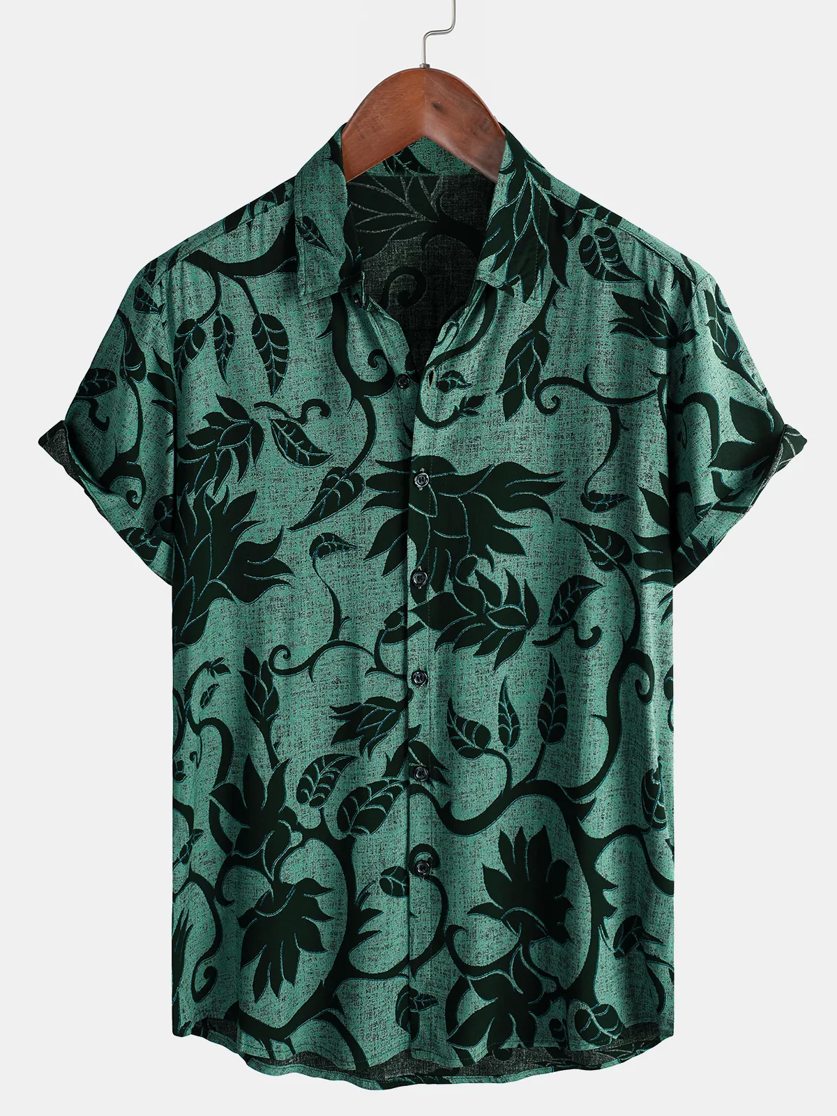 Men's Green Floral Holiday Casual Summer Short Sleeve Button Up Shirt