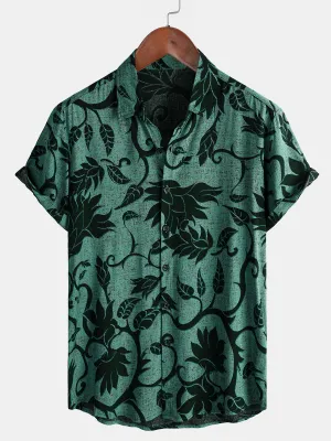 Men's Green Floral Holiday Casual Summer Short Sleeve Button Up Shirt