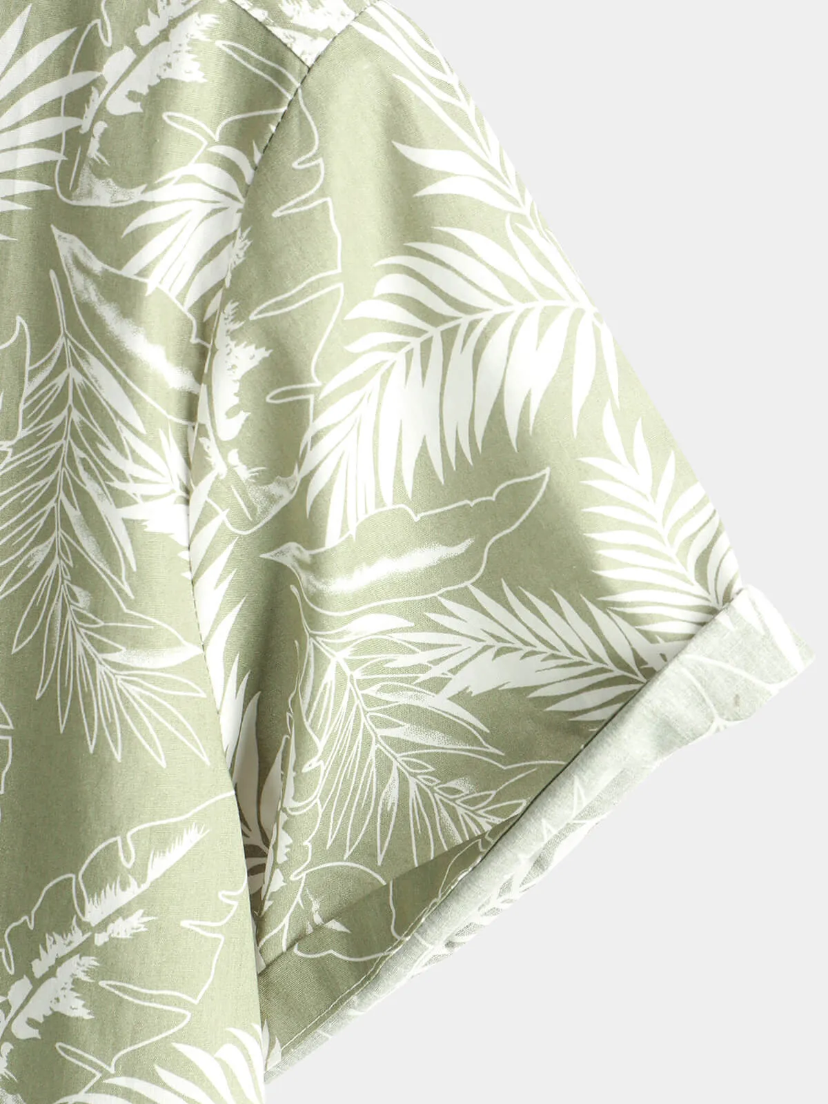 Men's Light Green Hawaiian Soft Tropical Leaf Beach Holiday Cotton Breathable Button Up Short Sleeve Shirt