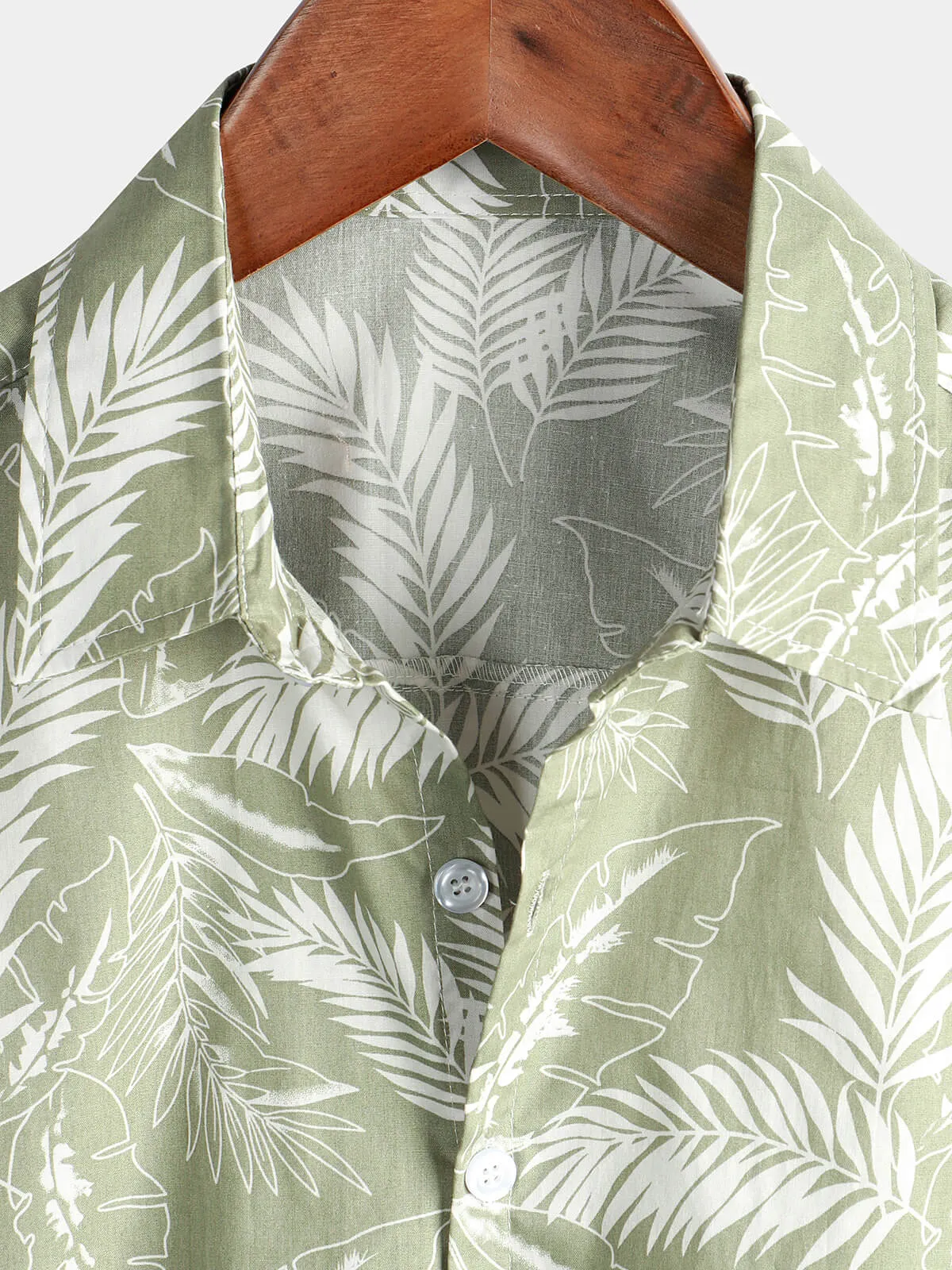 Men's Light Green Hawaiian Soft Tropical Leaf Beach Holiday Cotton Breathable Button Up Short Sleeve Shirt